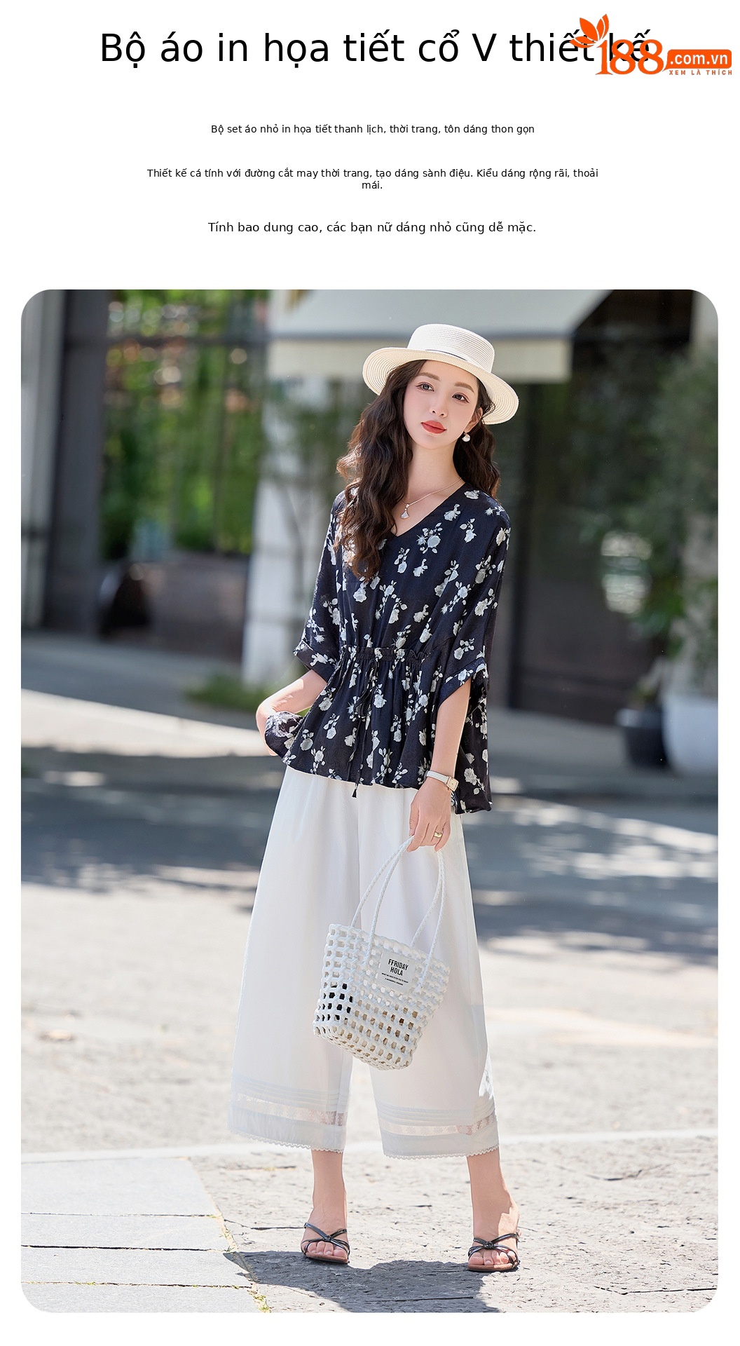Bộ vest nữ hai mảnh áo sơ mi in họa tiết cổ V kết hợp quần ống rộng — Màu ảnh chi tiết 8