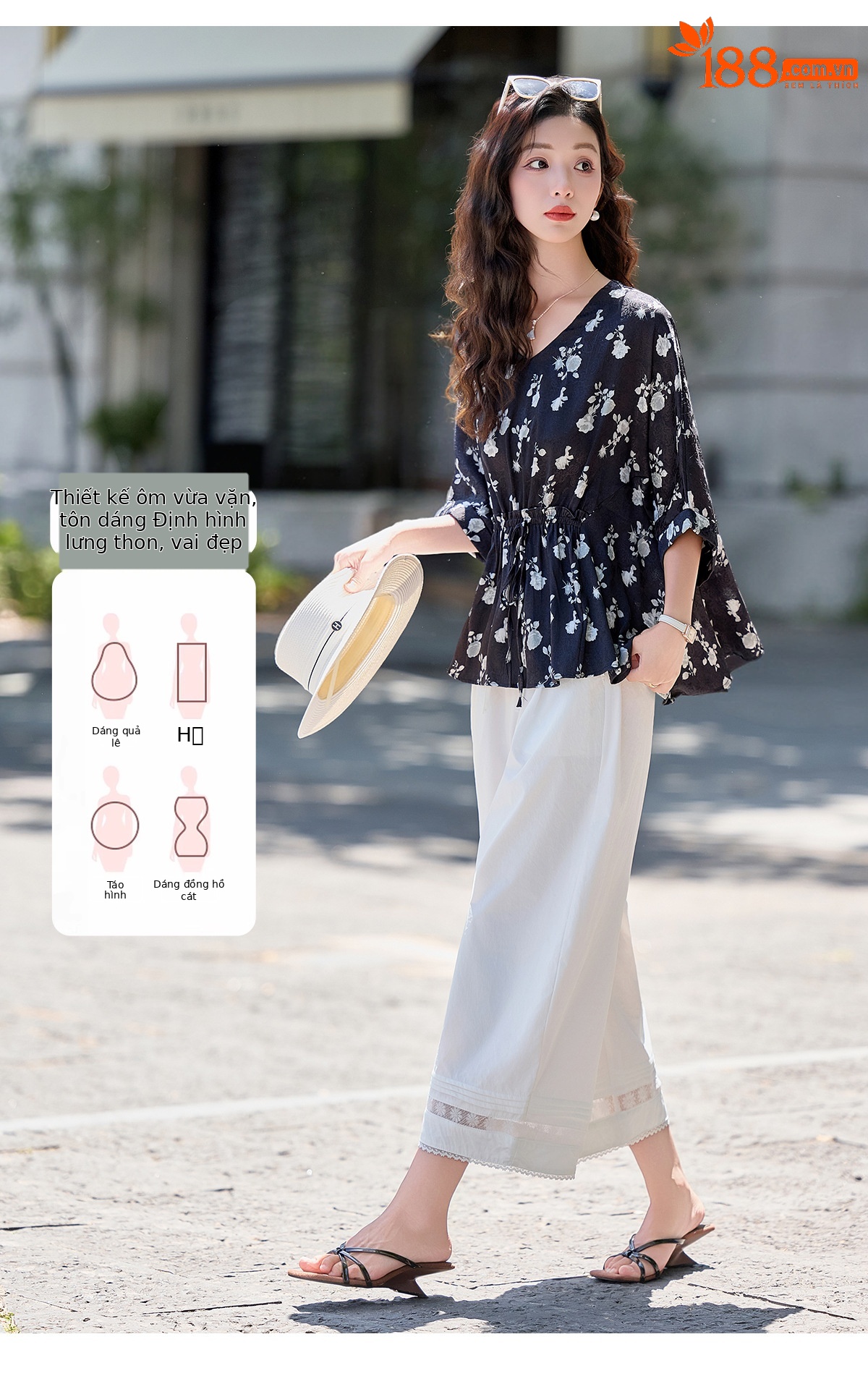 Bộ vest nữ hai mảnh áo sơ mi in họa tiết cổ V kết hợp quần ống rộng — Màu ảnh chi tiết 9