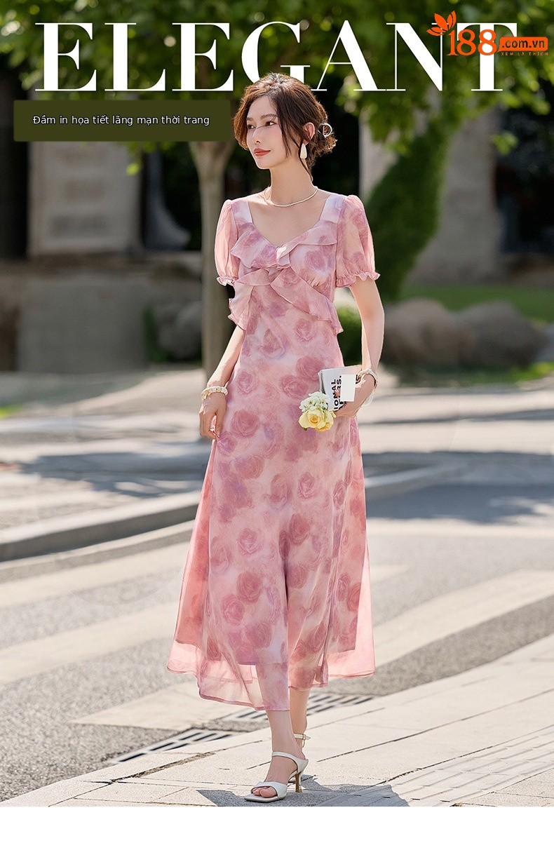 Đầm maxi nữ thắt eo in họa tiết hoa mùa hè tay ngắn — màu tím, Màu hồng chi tiết 1