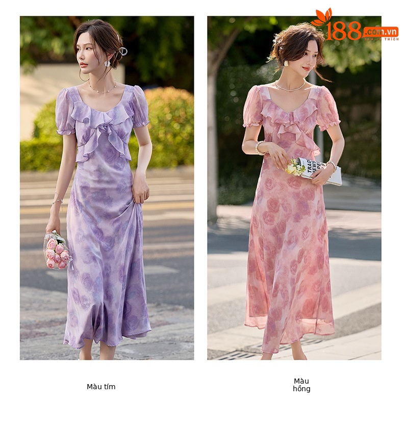 Đầm maxi nữ thắt eo in họa tiết hoa mùa hè tay ngắn — màu tím, Màu hồng chi tiết 3