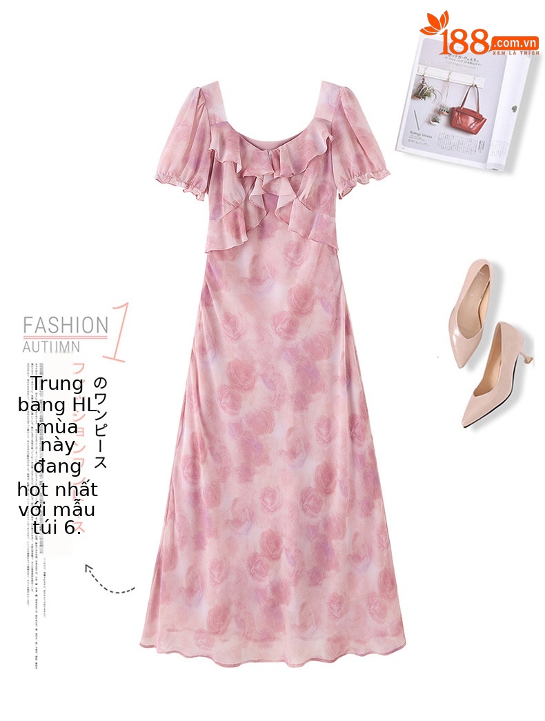 Đầm maxi nữ thắt eo in họa tiết hoa mùa hè tay ngắn — màu tím, Màu hồng chi tiết 4