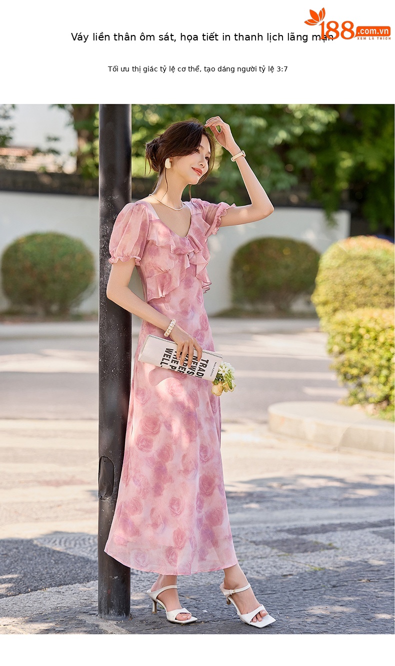 Đầm maxi nữ thắt eo in họa tiết hoa mùa hè tay ngắn — màu tím, Màu hồng chi tiết 6