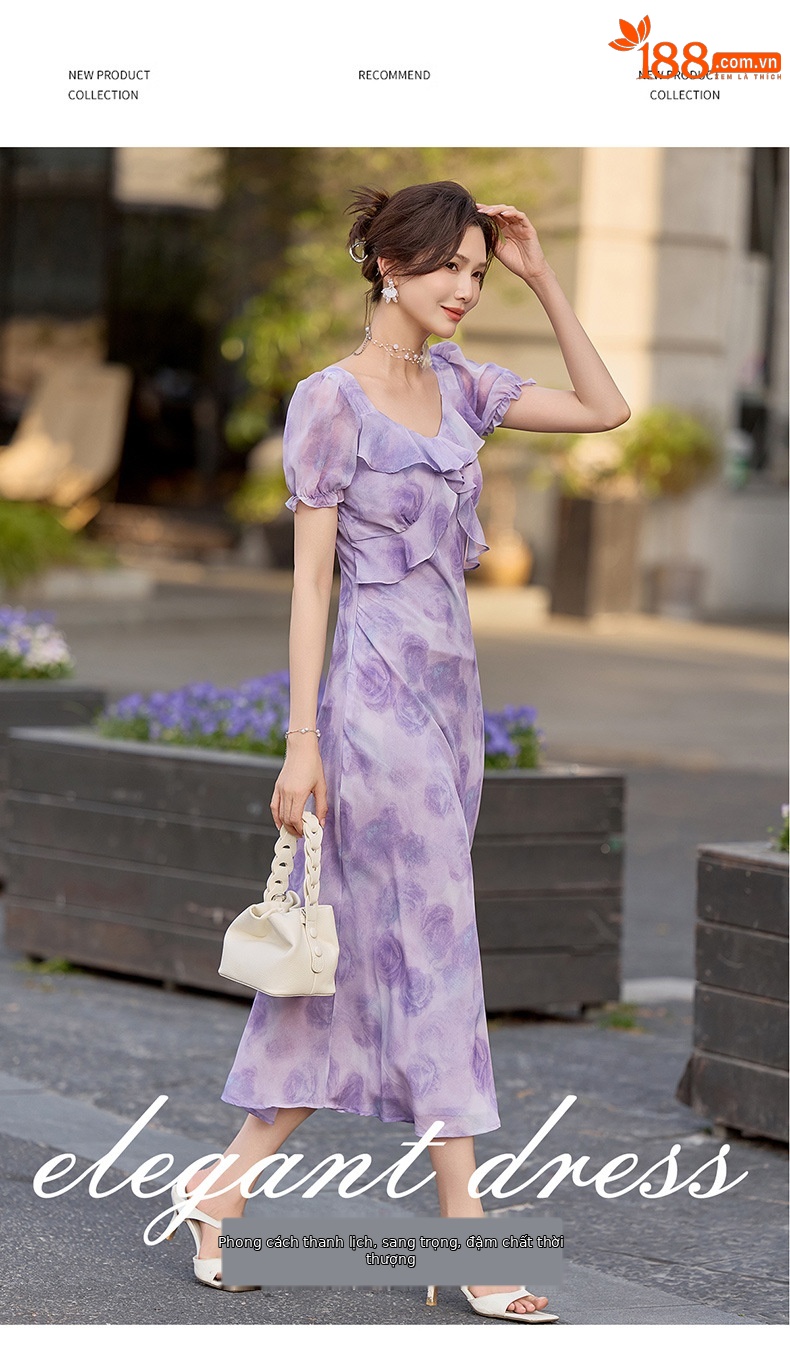 Đầm maxi nữ thắt eo in họa tiết hoa mùa hè tay ngắn — màu tím, Màu hồng chi tiết 7