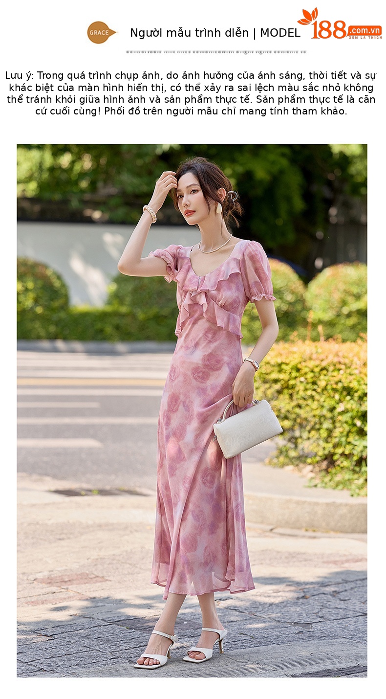 Đầm maxi nữ thắt eo in họa tiết hoa mùa hè tay ngắn — màu tím, Màu hồng chi tiết 13