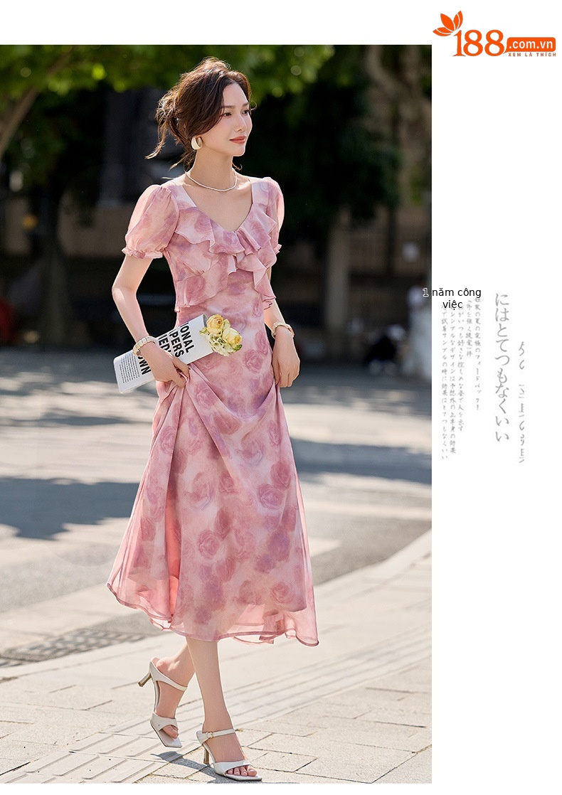 Đầm maxi nữ thắt eo in họa tiết hoa mùa hè tay ngắn — màu tím, Màu hồng chi tiết 17
