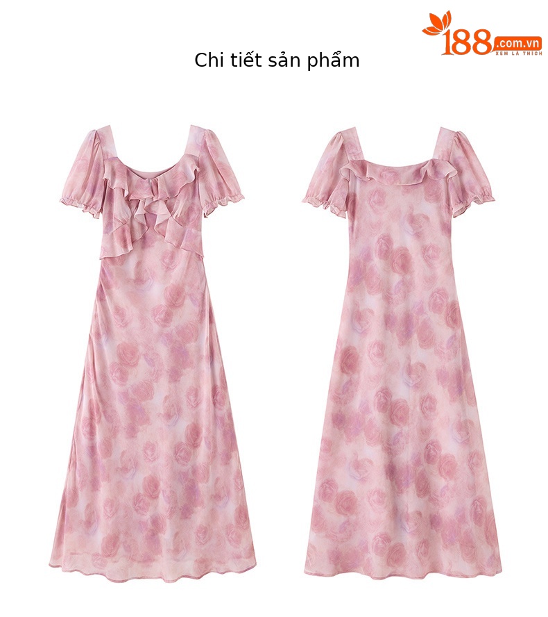 Đầm maxi nữ thắt eo in họa tiết hoa mùa hè tay ngắn — màu tím, Màu hồng chi tiết 28