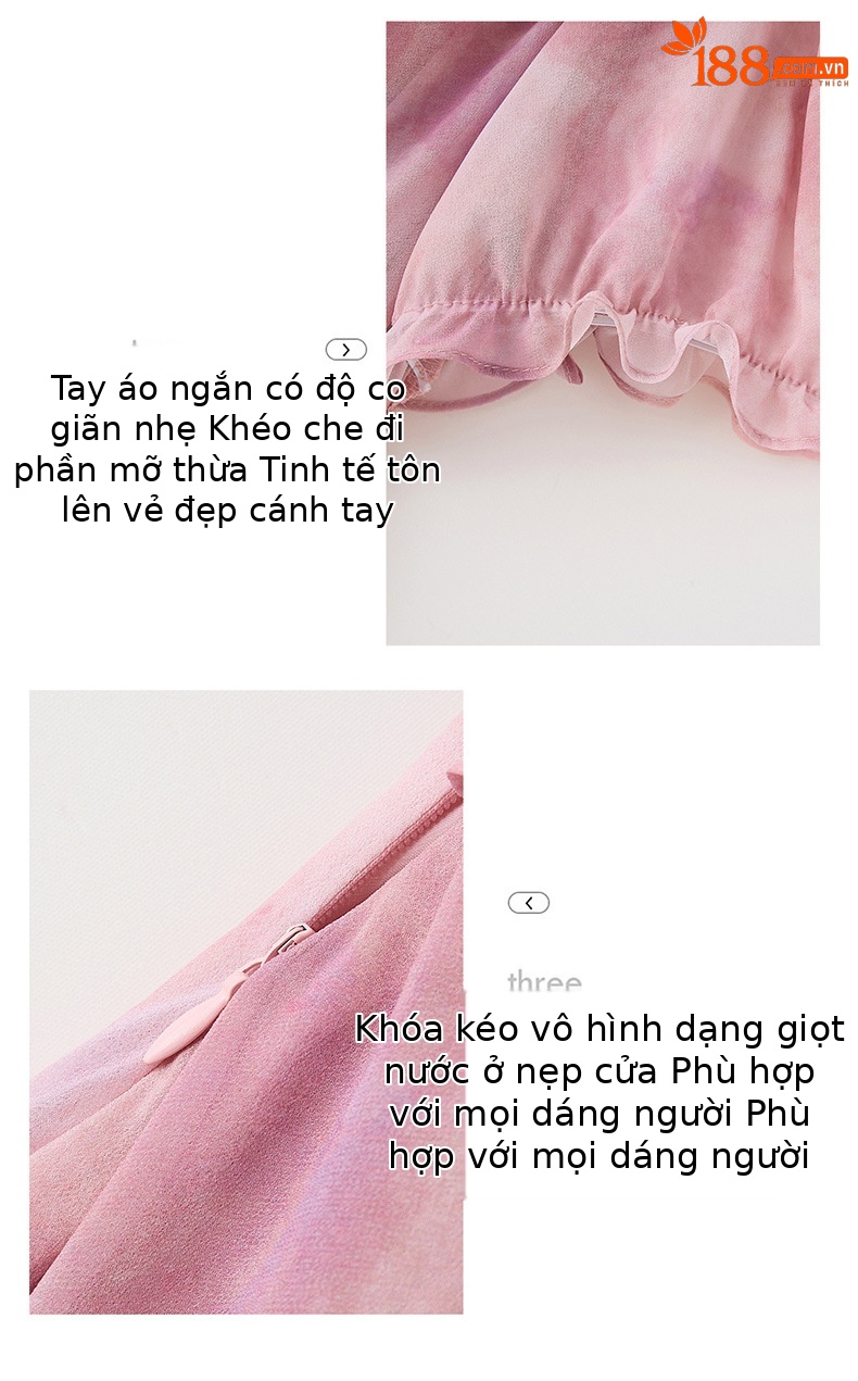 Đầm maxi nữ thắt eo in họa tiết hoa mùa hè tay ngắn — màu tím, Màu hồng chi tiết 9