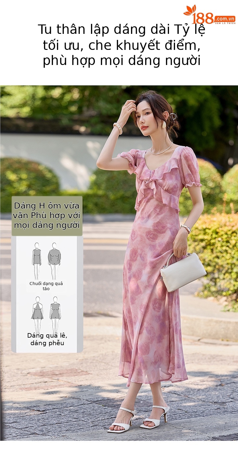 Đầm maxi nữ thắt eo in họa tiết hoa mùa hè tay ngắn — màu tím, Màu hồng chi tiết 10