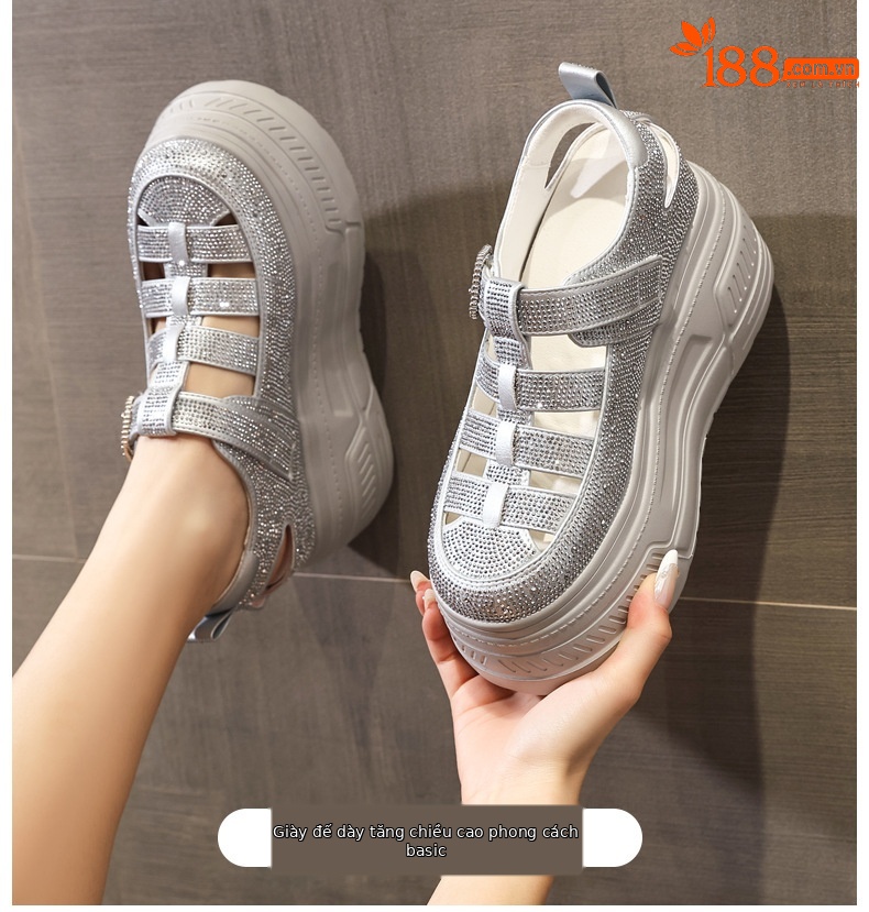 Giày sneaker nữ đế dày tăng chiều cao, phối đá rhinestone, kiểu dáng thể thao trắng tinh — màu trắng chi tiết 1