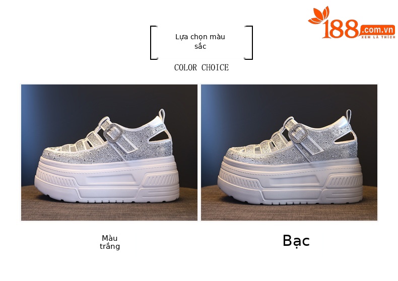 Giày sneaker nữ đế dày tăng chiều cao, phối đá rhinestone, kiểu dáng thể thao trắng tinh — màu trắng chi tiết 2