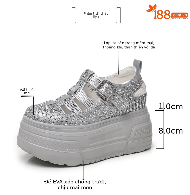 Giày sneaker nữ đế dày tăng chiều cao, phối đá rhinestone, kiểu dáng thể thao trắng tinh — màu trắng chi tiết 3