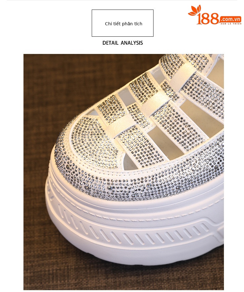 Giày sneaker nữ đế dày tăng chiều cao, phối đá rhinestone, kiểu dáng thể thao trắng tinh — màu trắng chi tiết 7