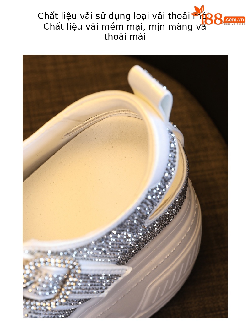 Giày sneaker nữ đế dày tăng chiều cao, phối đá rhinestone, kiểu dáng thể thao trắng tinh — màu trắng chi tiết 8