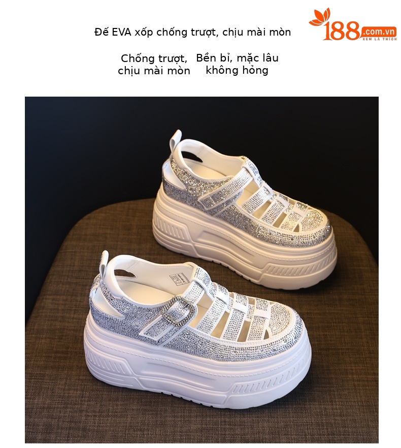 Giày sneaker nữ đế dày tăng chiều cao, phối đá rhinestone, kiểu dáng thể thao trắng tinh — màu trắng chi tiết 10