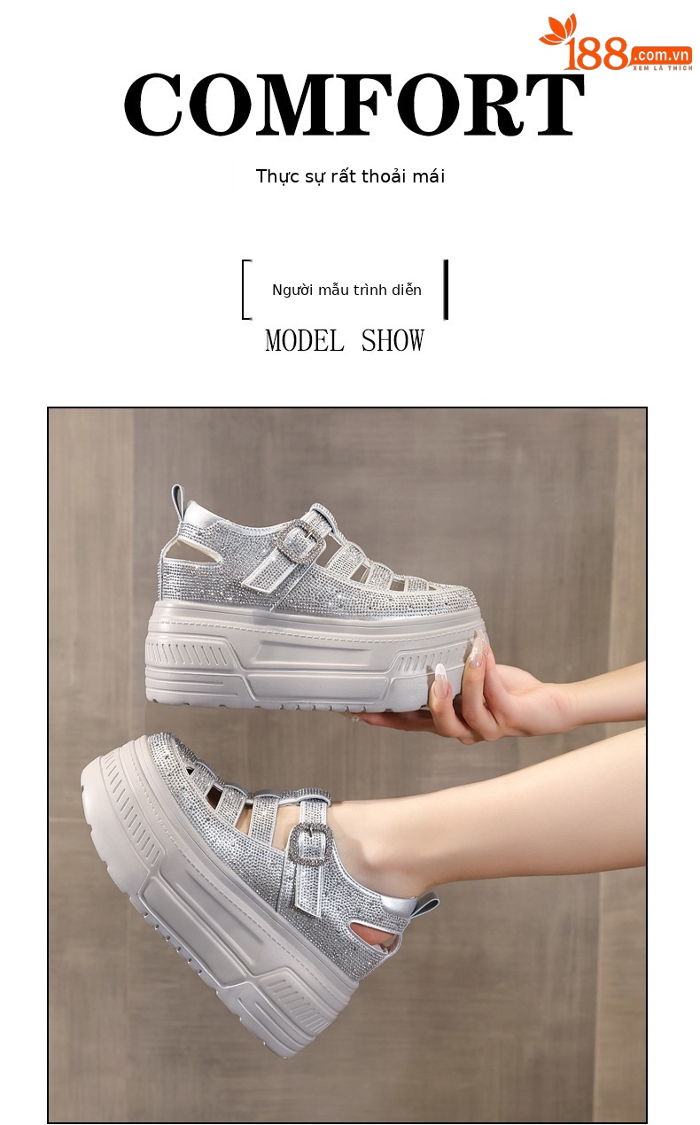 Giày sneaker nữ đế dày tăng chiều cao, phối đá rhinestone, kiểu dáng thể thao trắng tinh — màu trắng chi tiết 11