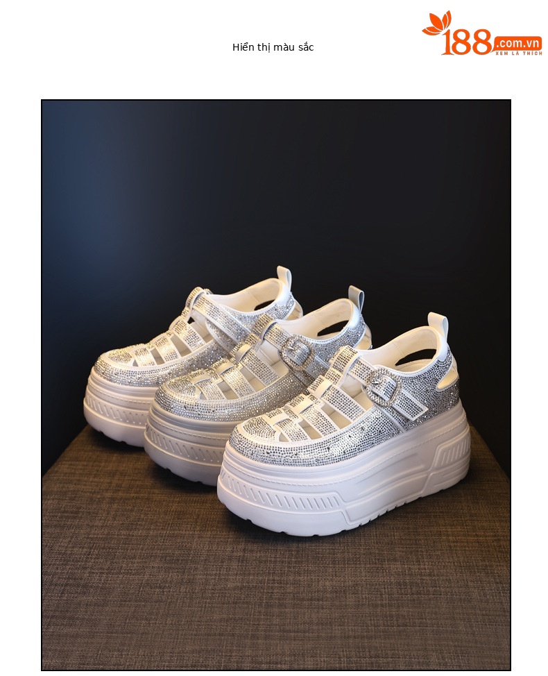 Giày sneaker nữ đế dày tăng chiều cao, phối đá rhinestone, kiểu dáng thể thao trắng tinh — màu trắng chi tiết 18