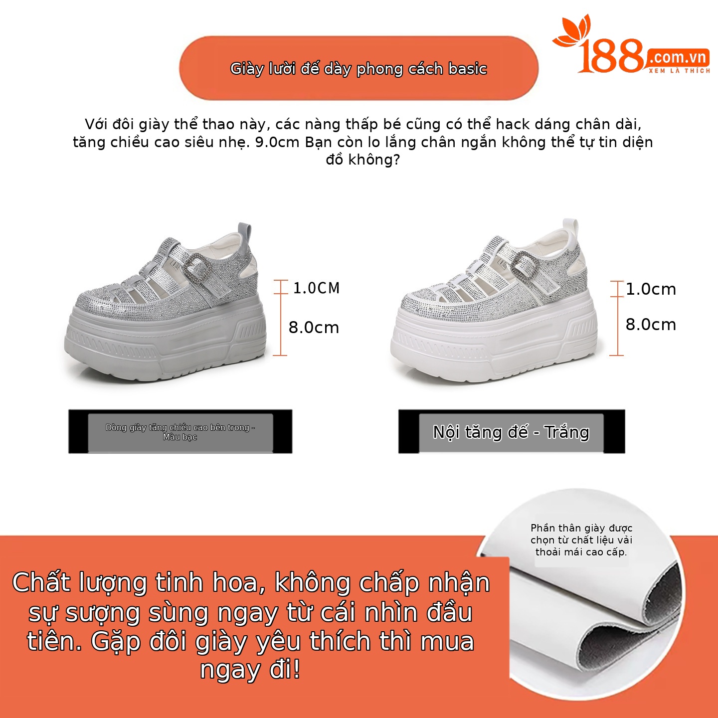 Giày sneaker nữ đế dày tăng chiều cao, phối đá rhinestone, kiểu dáng thể thao trắng tinh — màu trắng