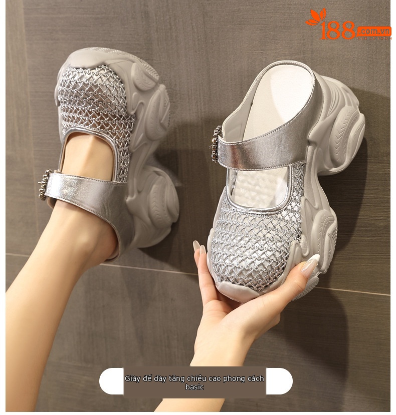 Dép lười nữ đế dày tăng chiều cao, mũi trùm kín, phong cách thể thao — màu trắng, màu xám chi tiết 1