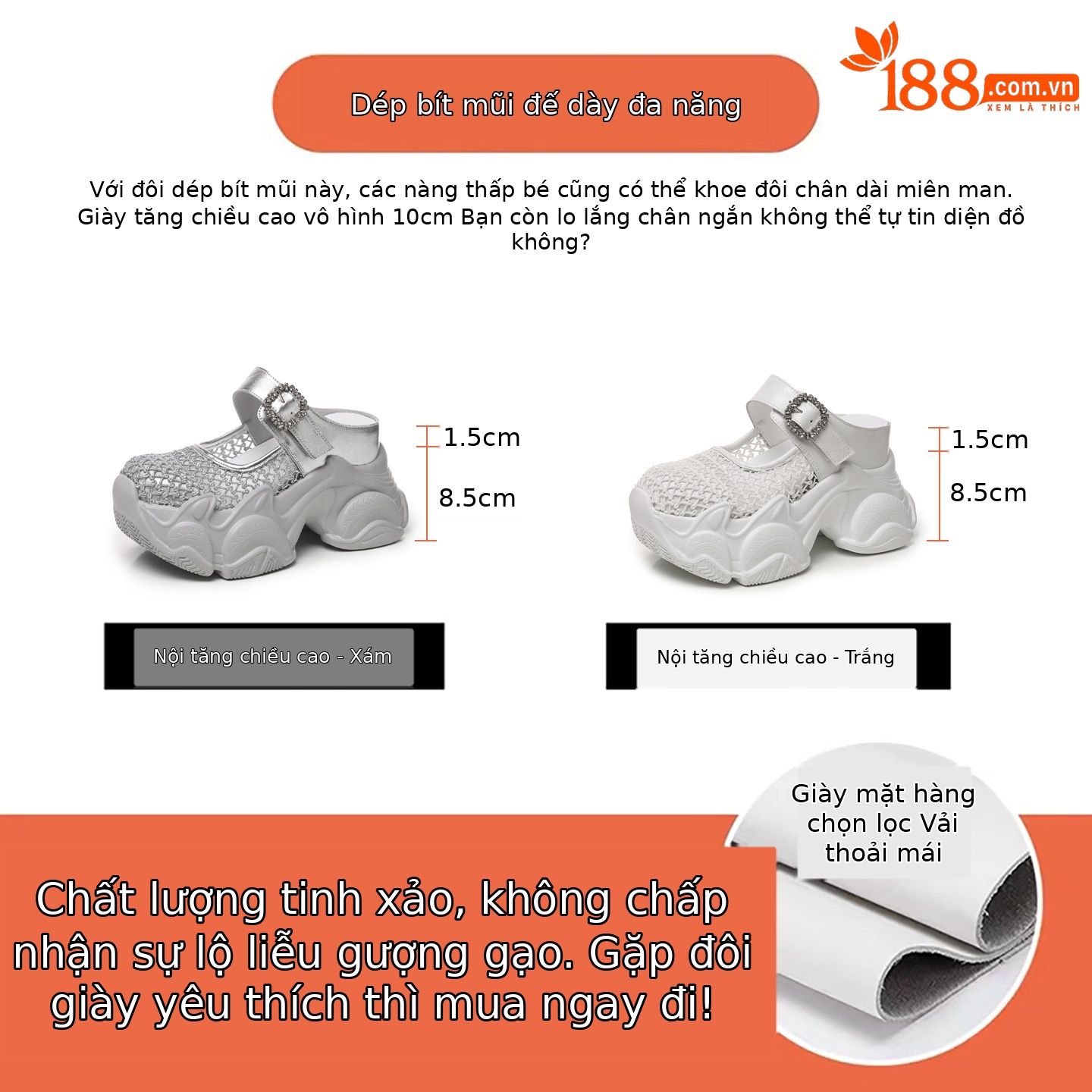 Dép lười nữ đế dày tăng chiều cao, mũi trùm kín, phong cách thể thao — màu trắng, màu xám
