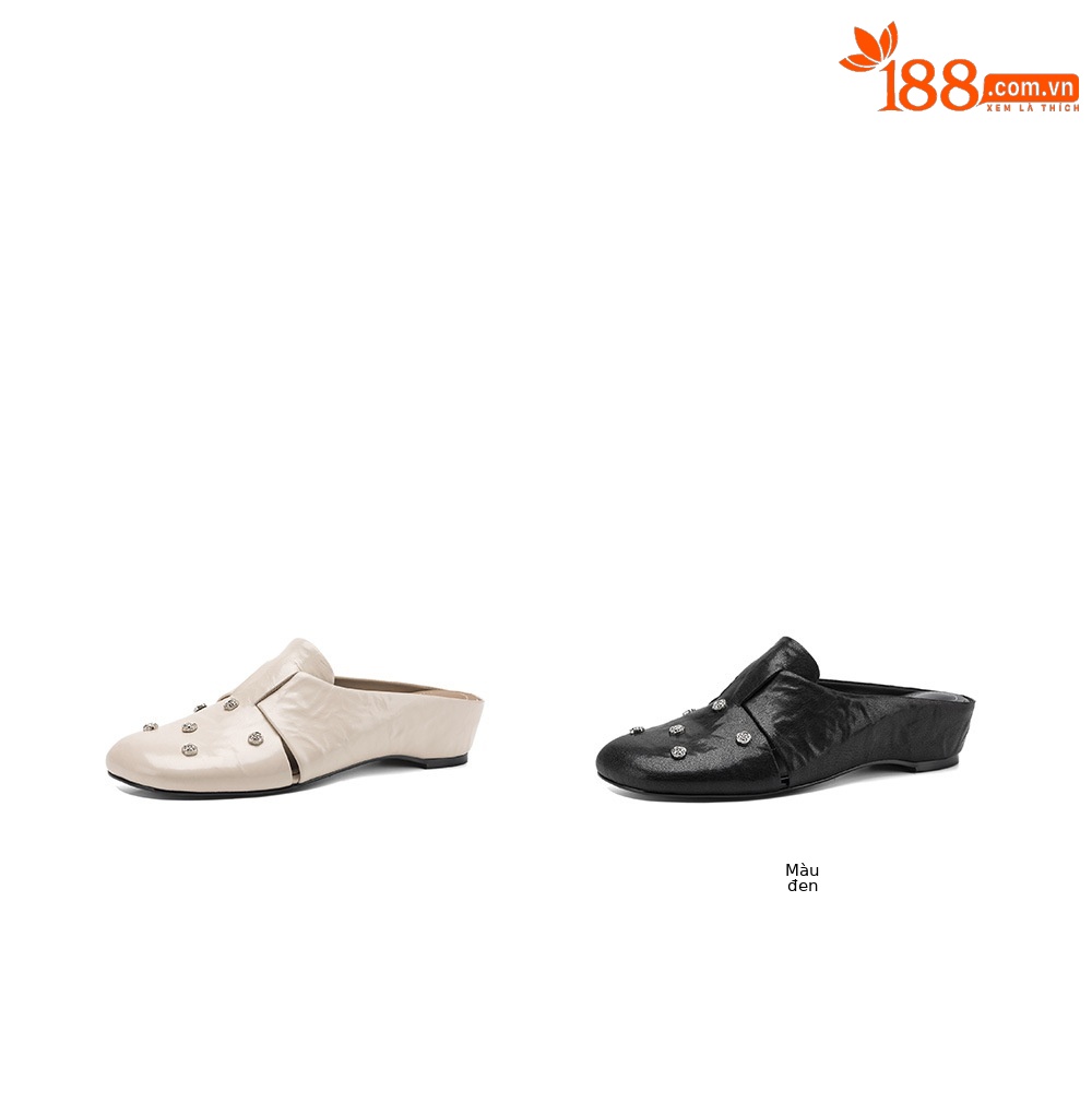 Dép sandal nữ quai chữ V mũi hoa bọc đầu, gót thấp 4 cm, da cừu thời trang — đen chi tiết 4