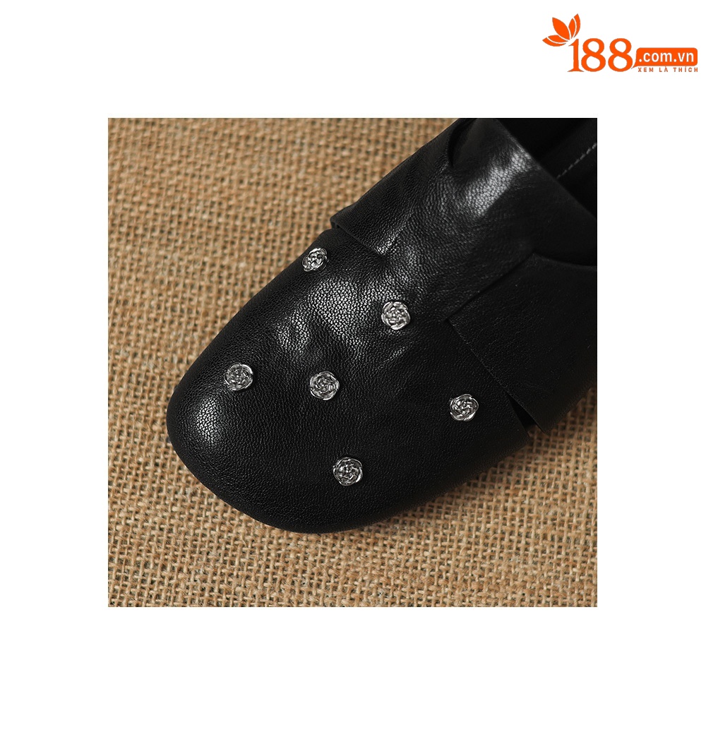 Dép sandal nữ quai chữ V mũi hoa bọc đầu, gót thấp 4 cm, da cừu thời trang — đen chi tiết 20