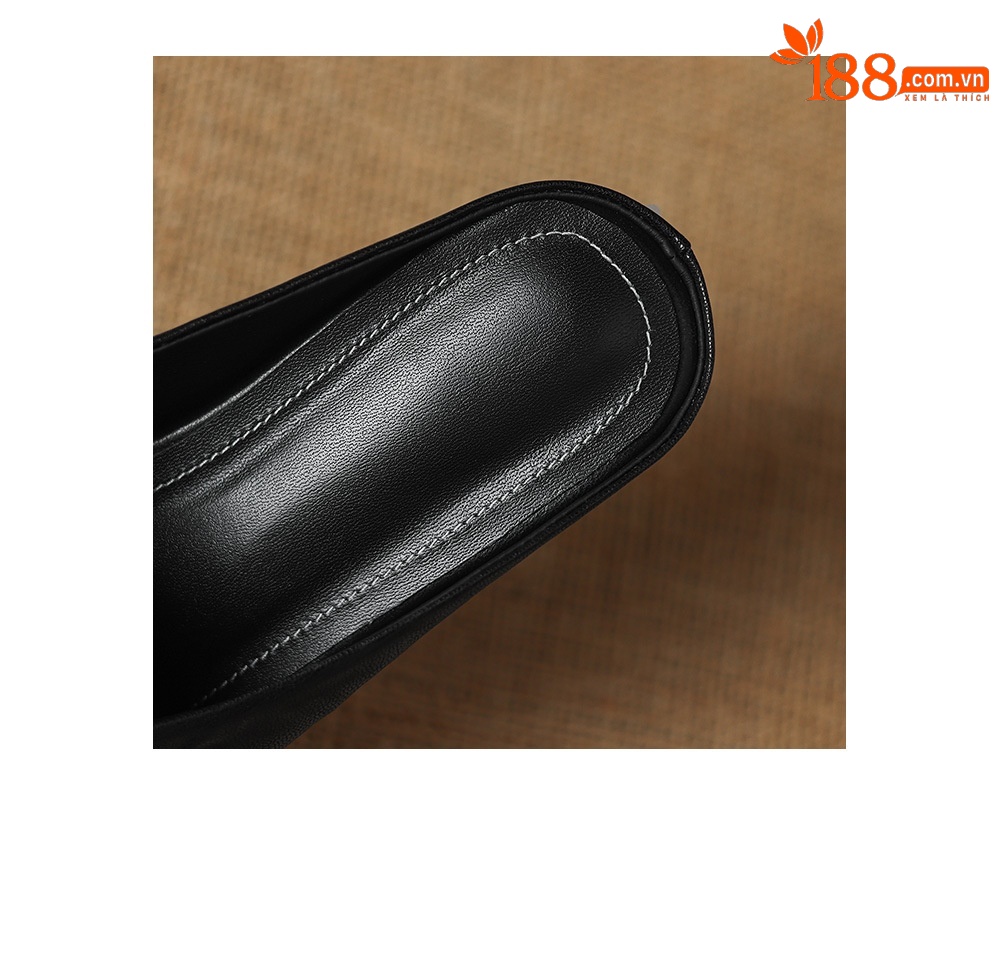 Dép sandal nữ quai chữ V mũi hoa bọc đầu, gót thấp 4 cm, da cừu thời trang — đen chi tiết 21
