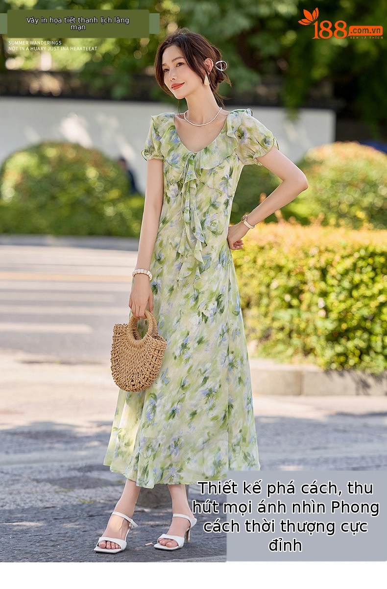 Đầm maxi nữ họa tiết hoa nhí cổ V tay ngắn thắt eo — Lá xanh hoa lan chi tiết 1