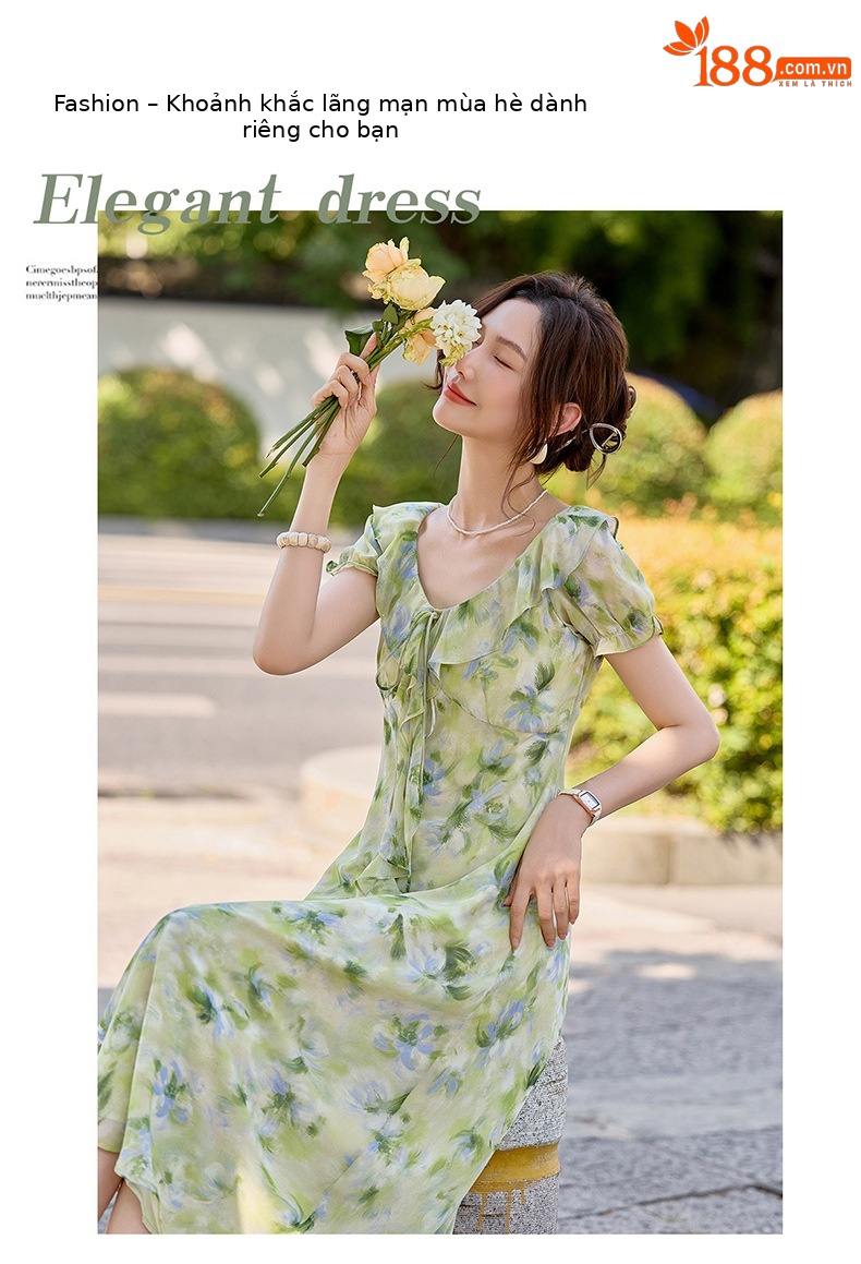 Đầm maxi nữ họa tiết hoa nhí cổ V tay ngắn thắt eo — Lá xanh hoa lan chi tiết 2