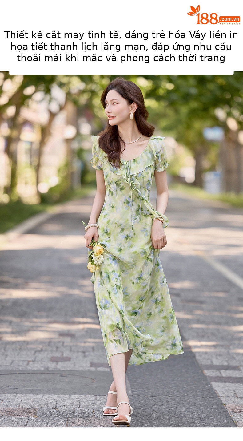 Đầm maxi nữ họa tiết hoa nhí cổ V tay ngắn thắt eo — Lá xanh hoa lan chi tiết 3
