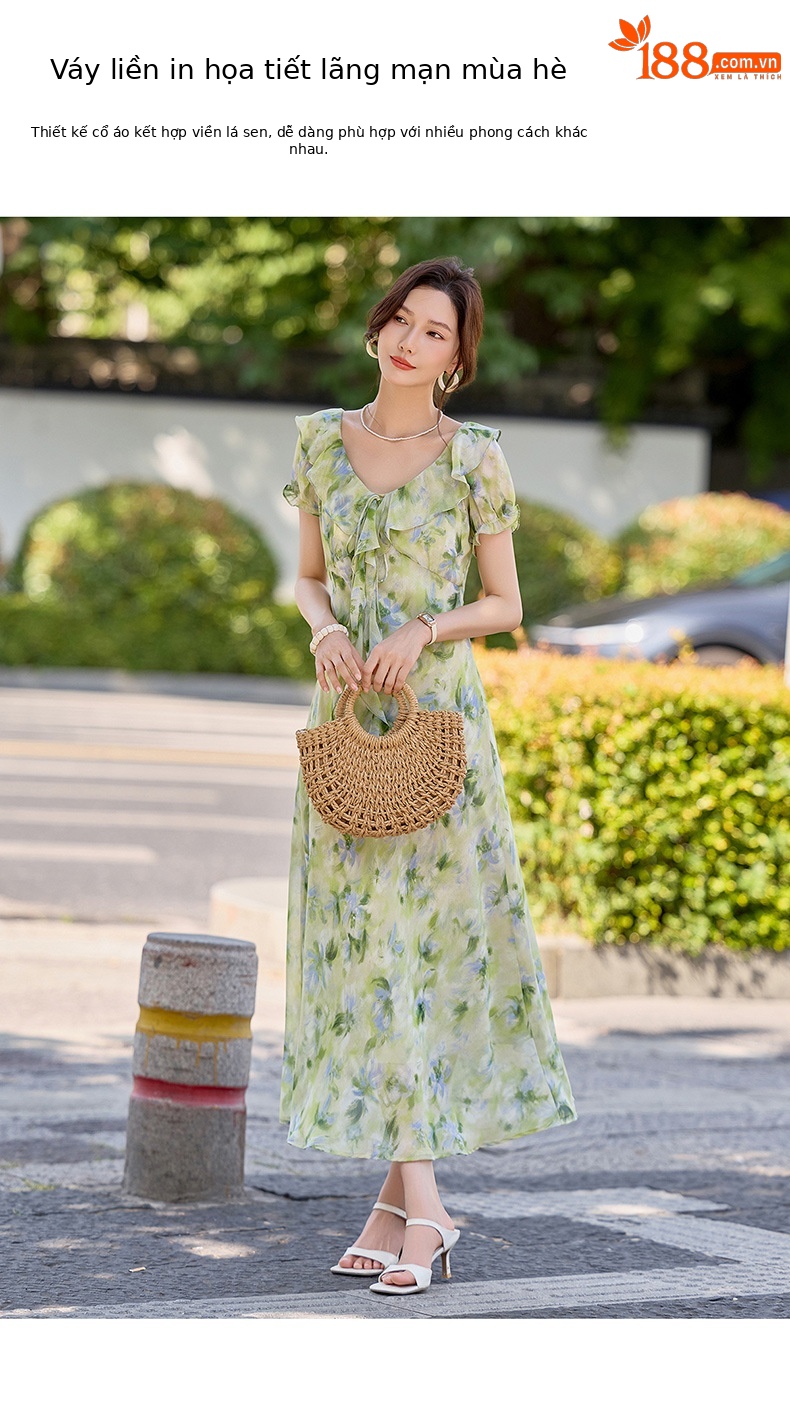 Đầm maxi nữ họa tiết hoa nhí cổ V tay ngắn thắt eo — Lá xanh hoa lan chi tiết 6