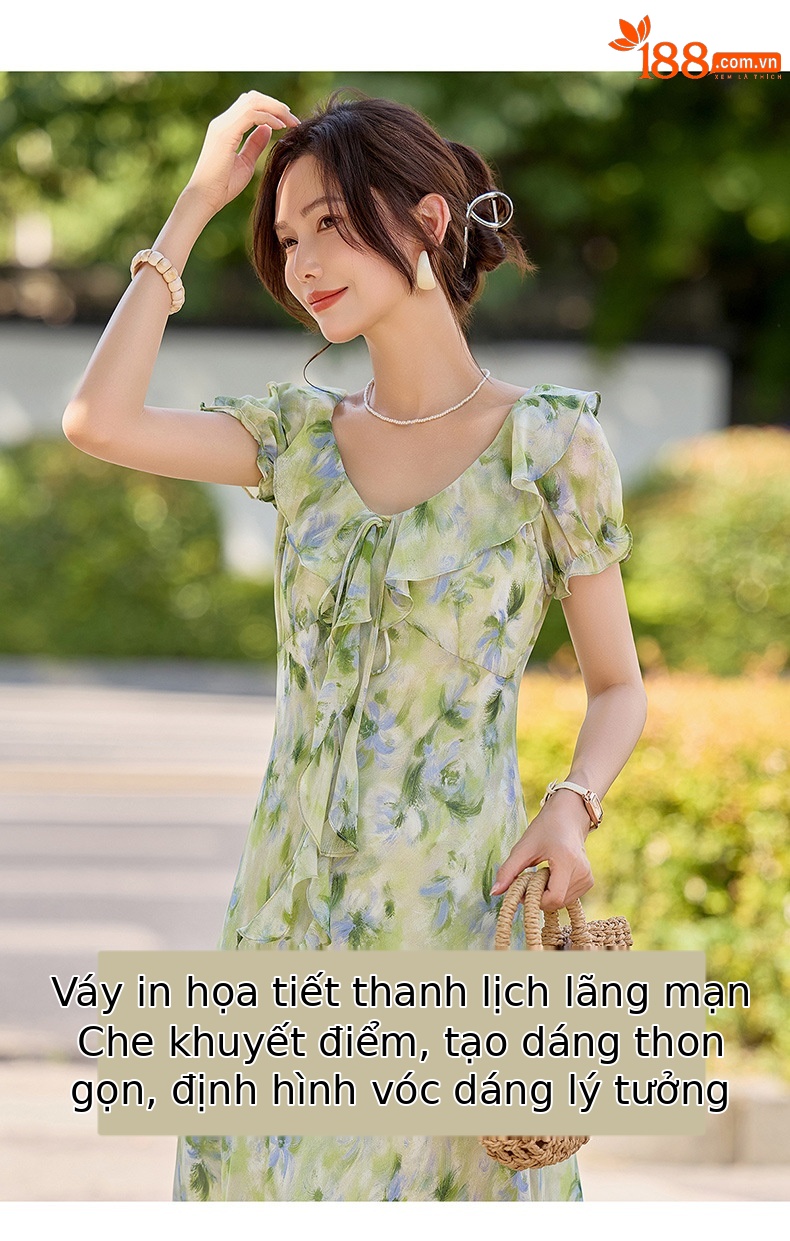 Đầm maxi nữ họa tiết hoa nhí cổ V tay ngắn thắt eo — Lá xanh hoa lan chi tiết 7
