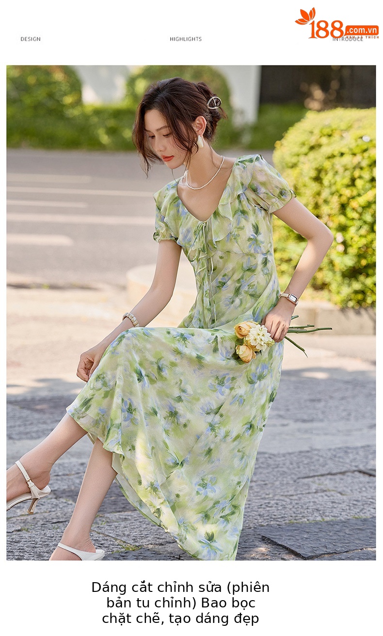 Đầm maxi nữ họa tiết hoa nhí cổ V tay ngắn thắt eo — Lá xanh hoa lan chi tiết 9