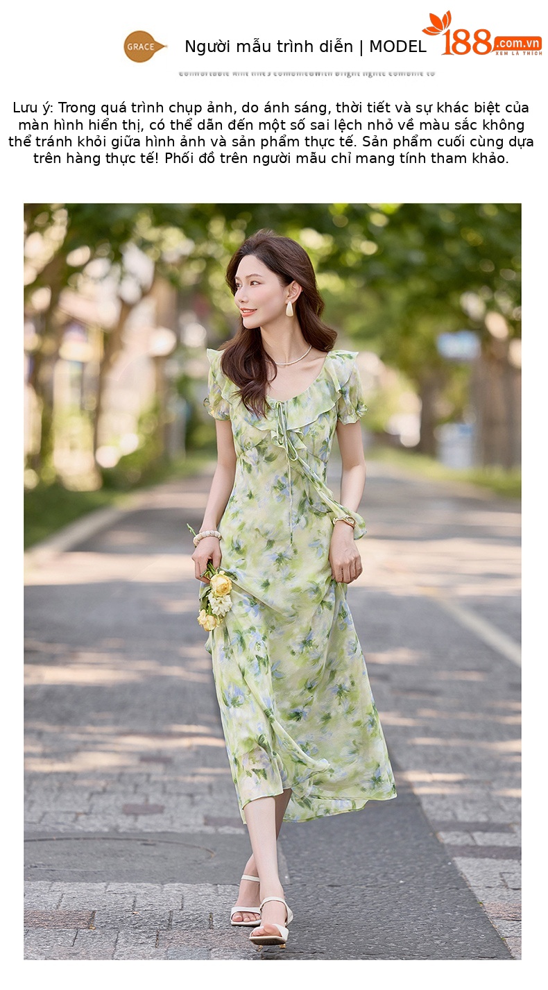 Đầm maxi nữ họa tiết hoa nhí cổ V tay ngắn thắt eo — Lá xanh hoa lan chi tiết 13