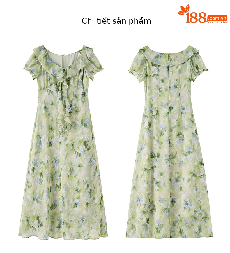 Đầm maxi nữ họa tiết hoa nhí cổ V tay ngắn thắt eo — Lá xanh hoa lan chi tiết 20