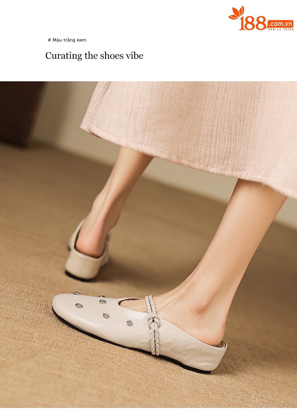 Sandal nữ mũi bít da dê quai ngang gót thấp — đen chi tiết 9