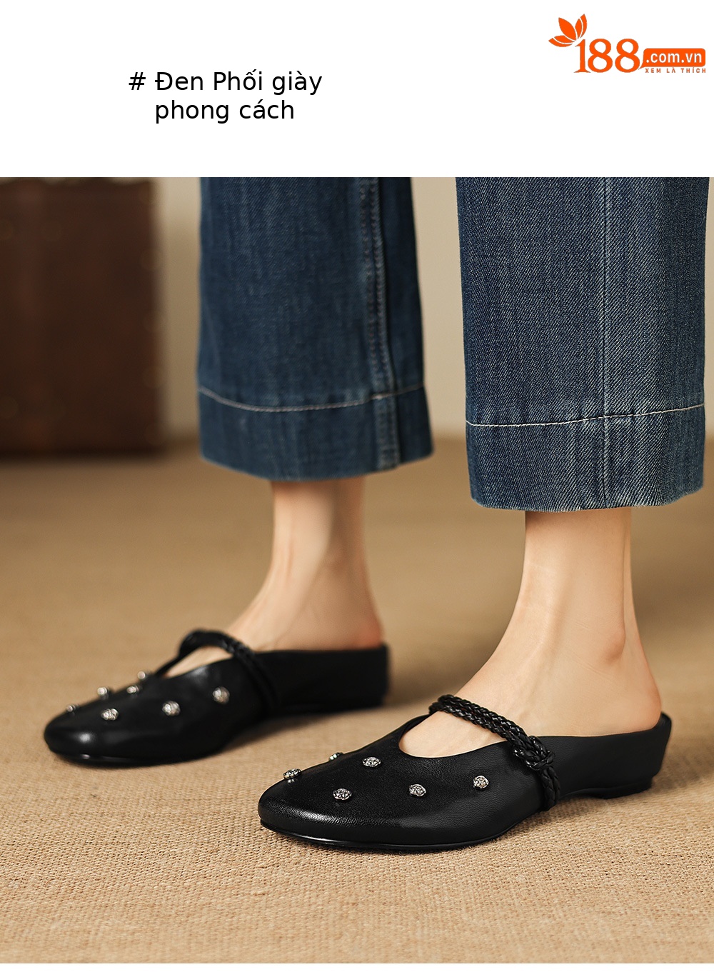 Sandal nữ mũi bít da dê quai ngang gót thấp — đen chi tiết 12