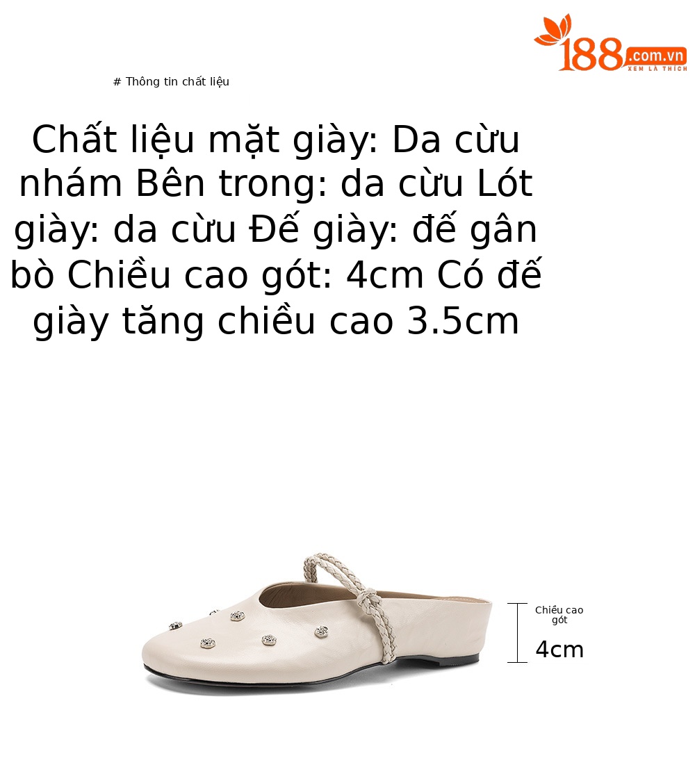 Sandal nữ mũi bít da dê quai ngang gót thấp — đen chi tiết 3