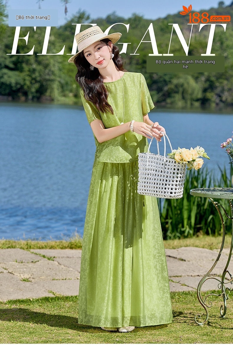 Bộ quần áo hai mảnh sơ mi hoa văn nổi quần ống rộng phong cách Trung Quốc mới — Xanh lá cây nhạtcolor, màu trắng chi tiết 1