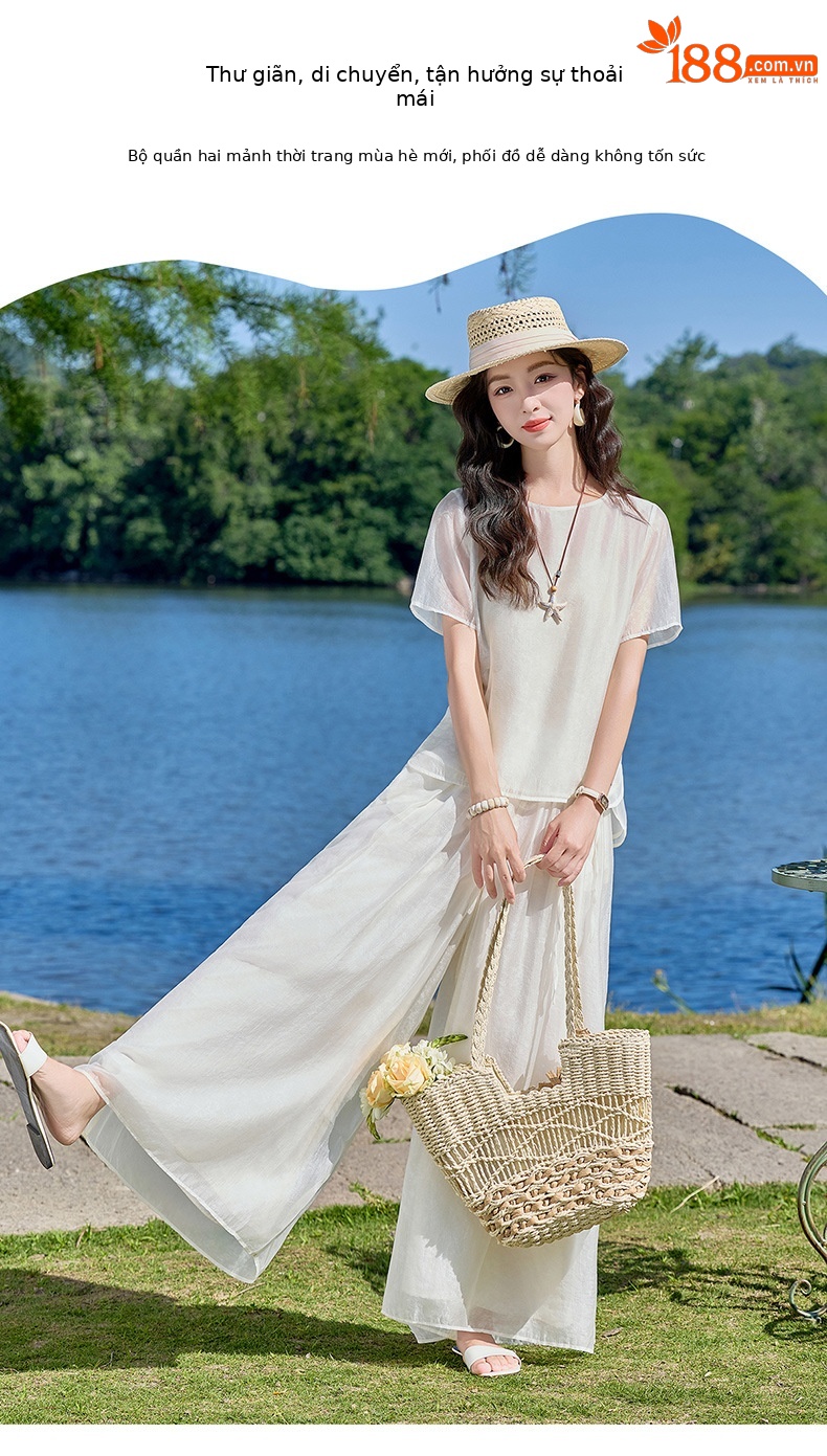 Bộ quần áo hai mảnh sơ mi hoa văn nổi quần ống rộng phong cách Trung Quốc mới — Xanh lá cây nhạtcolor, màu trắng chi tiết 2