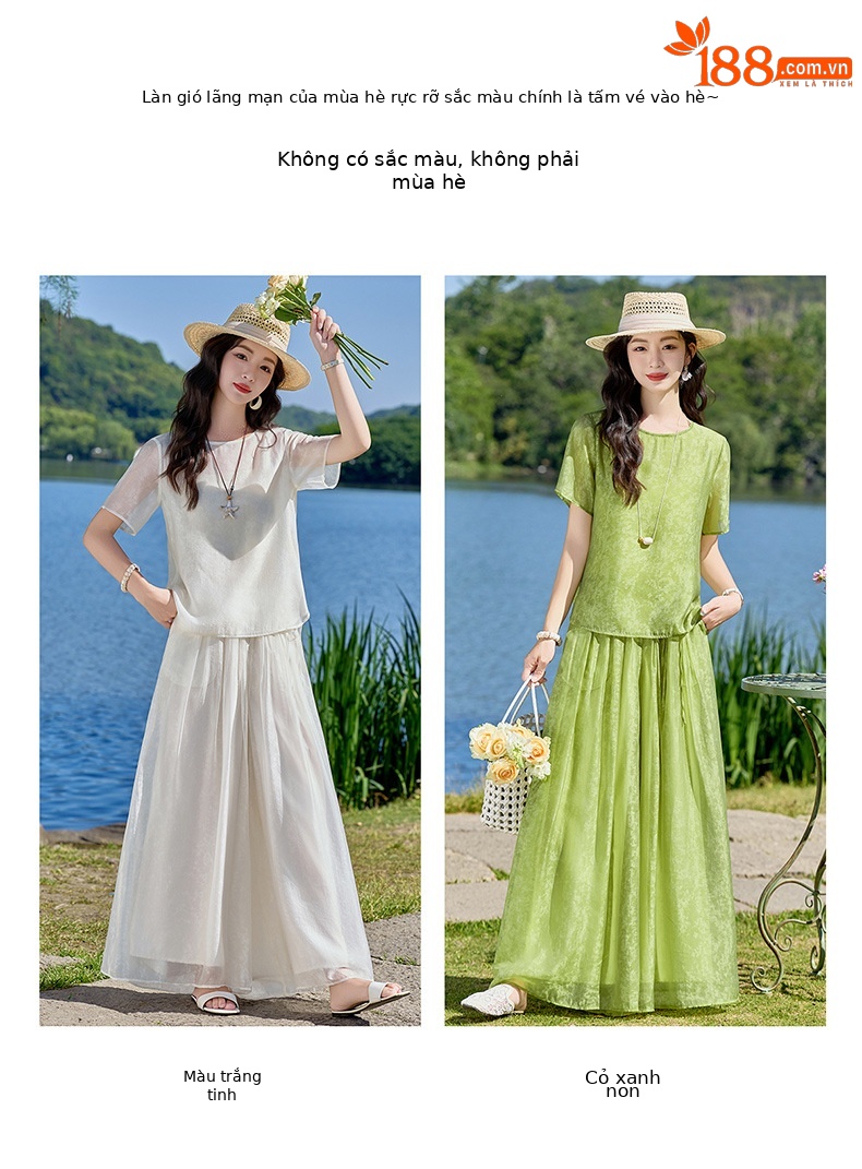 Bộ quần áo hai mảnh sơ mi hoa văn nổi quần ống rộng phong cách Trung Quốc mới — Xanh lá cây nhạtcolor, màu trắng chi tiết 6