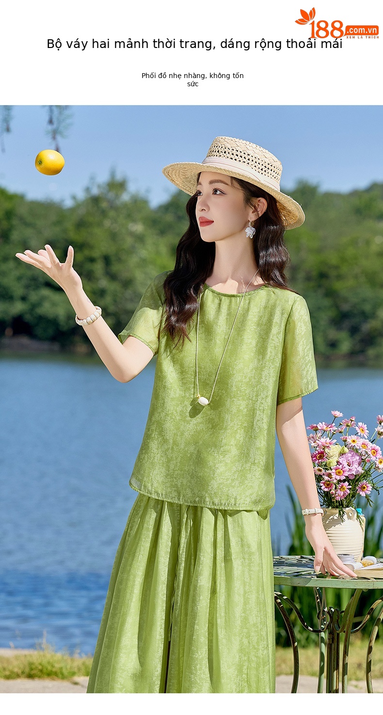 Bộ quần áo hai mảnh sơ mi hoa văn nổi quần ống rộng phong cách Trung Quốc mới — Xanh lá cây nhạtcolor, màu trắng chi tiết 7