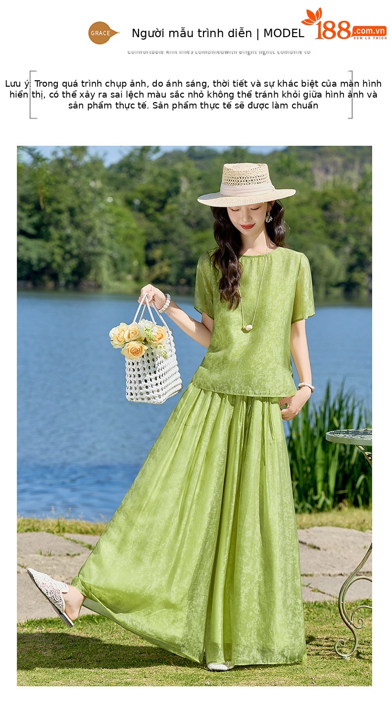 Bộ quần áo hai mảnh sơ mi hoa văn nổi quần ống rộng phong cách Trung Quốc mới — Xanh lá cây nhạtcolor, màu trắng chi tiết 13