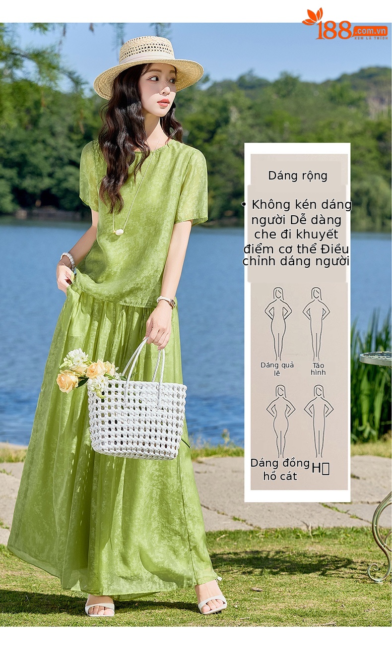Bộ quần áo hai mảnh sơ mi hoa văn nổi quần ống rộng phong cách Trung Quốc mới — Xanh lá cây nhạtcolor, màu trắng chi tiết 4