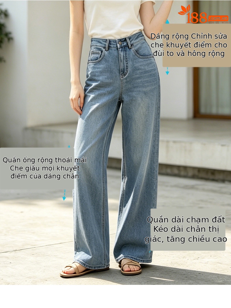 Quần jean nữ ống rộng cạp cao dáng suông — xanh lam chi tiết 4