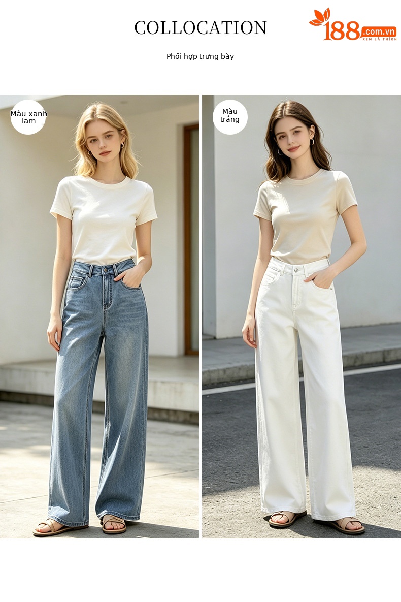 Quần jean nữ ống rộng cạp cao dáng suông — xanh lam chi tiết 5