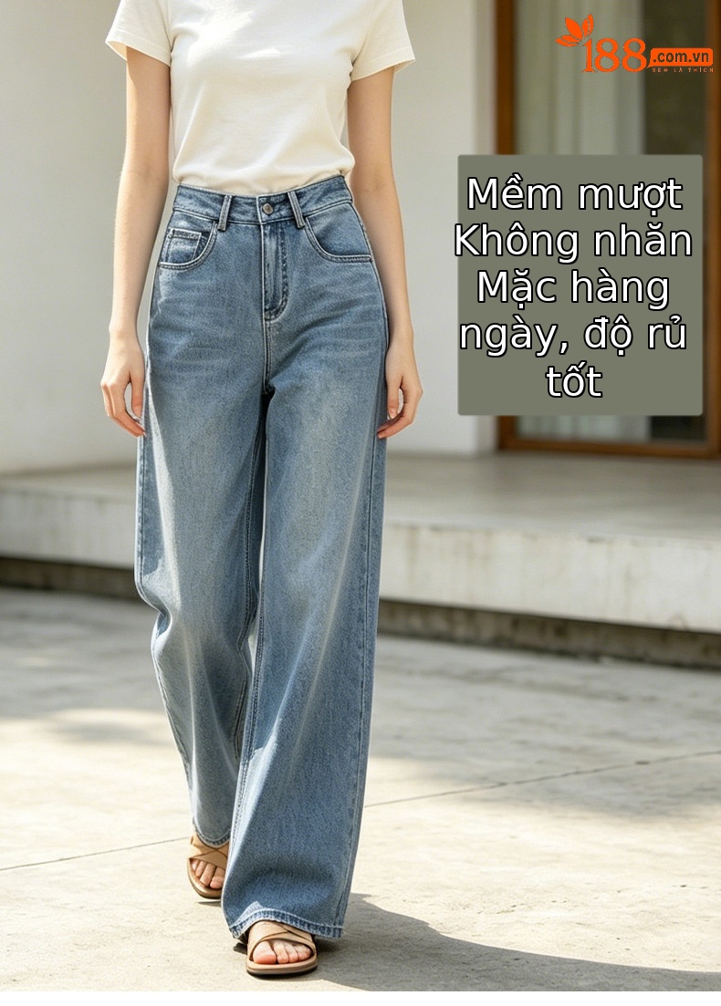 Quần jean nữ ống rộng cạp cao dáng suông — xanh lam chi tiết 9