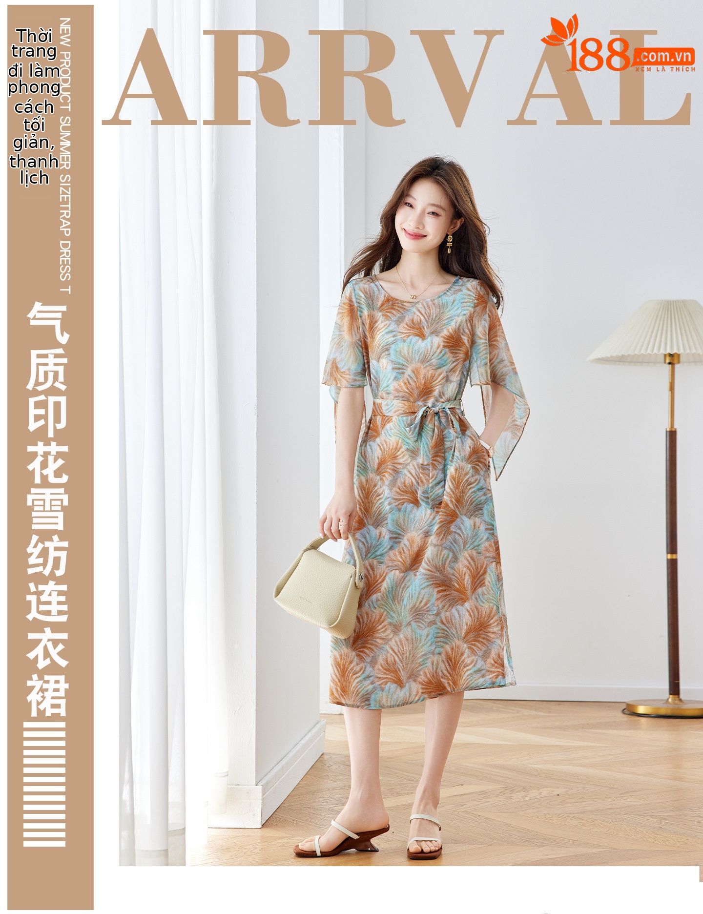 Đầm maxi nữ thắt eo in họa tiết hoa tay ngắn dáng suông che khuyết điểm — xanh lam, Màu hồng chi tiết 1