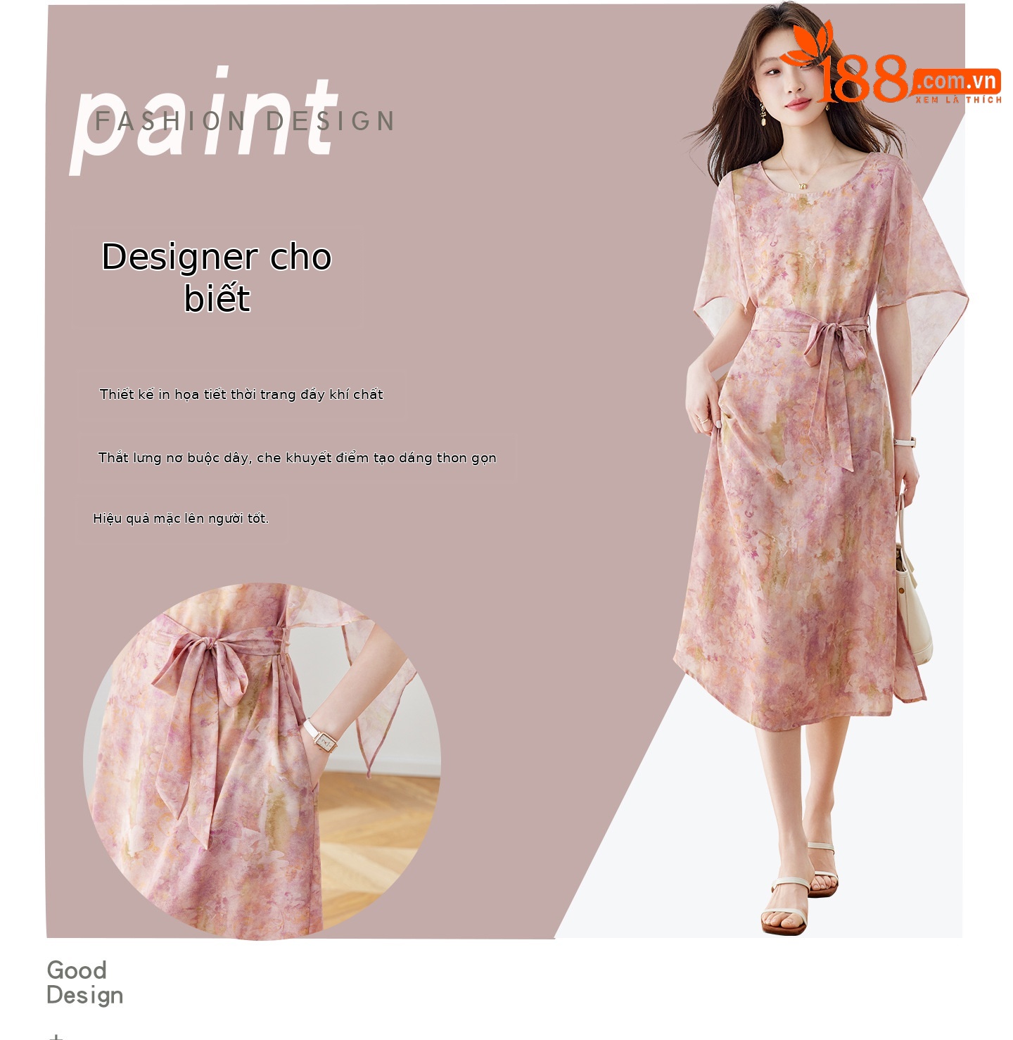 Đầm maxi nữ thắt eo in họa tiết hoa tay ngắn dáng suông che khuyết điểm — xanh lam, Màu hồng chi tiết 2
