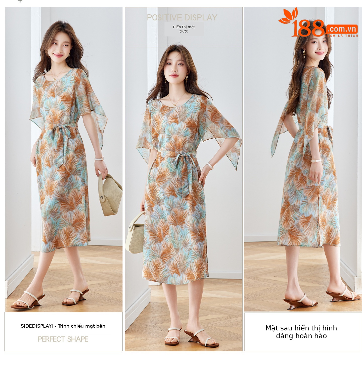Đầm maxi nữ thắt eo in họa tiết hoa tay ngắn dáng suông che khuyết điểm — xanh lam, Màu hồng chi tiết 3
