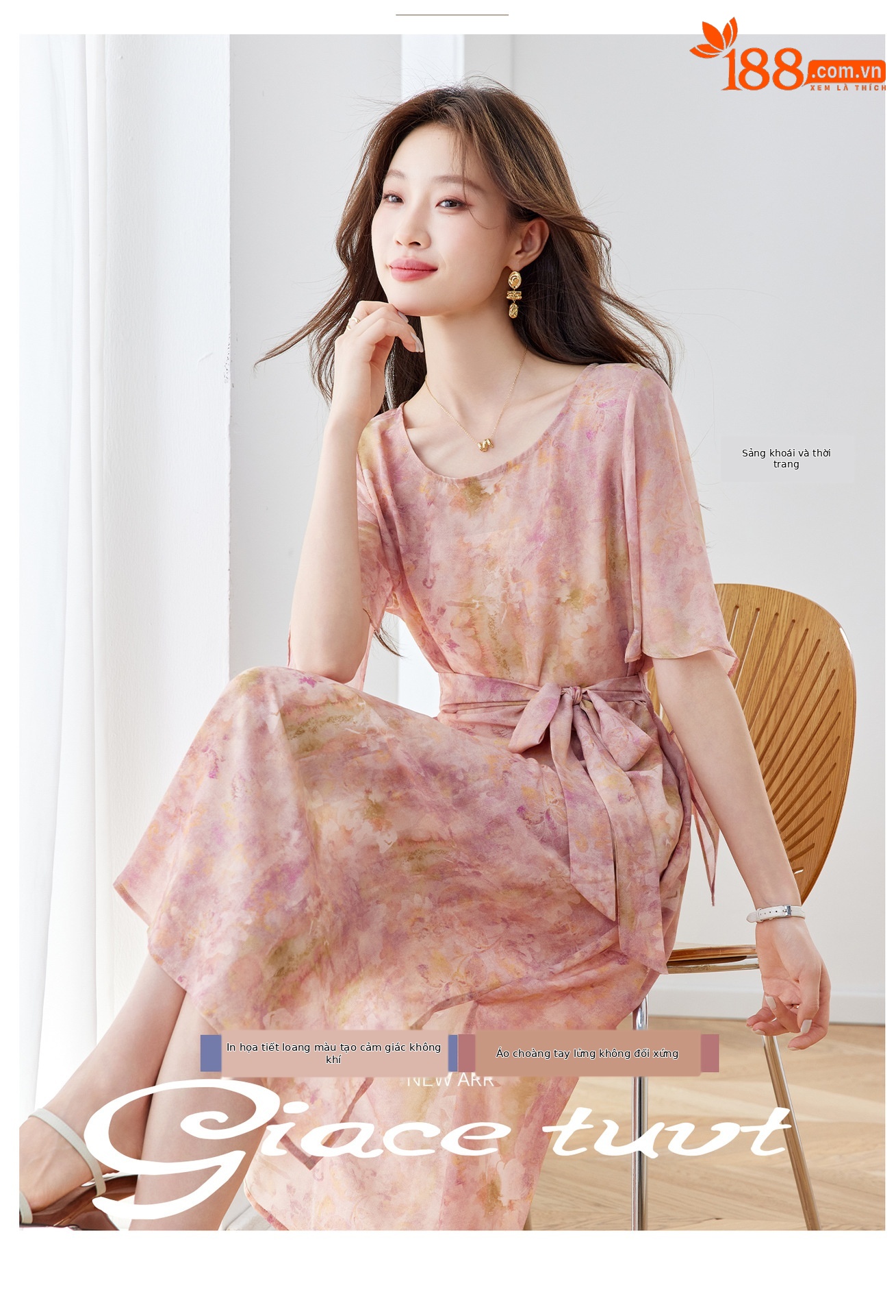 Đầm maxi nữ thắt eo in họa tiết hoa tay ngắn dáng suông che khuyết điểm — xanh lam, Màu hồng chi tiết 4